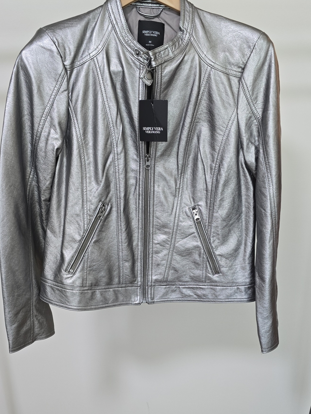 Simply Vera Vera Wang Metallic Silver Leather Moto Jacket